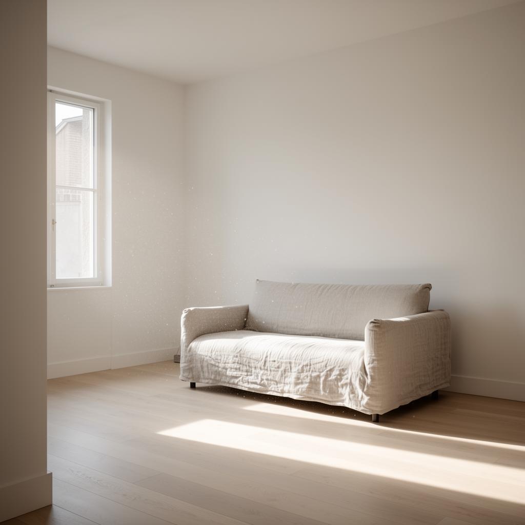 Ljus, minimalistisk vardagsrumsinteriör med solljus på trägolv